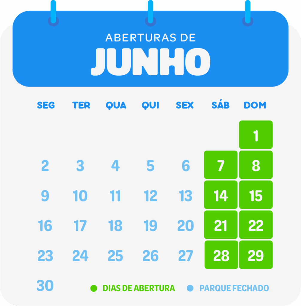 Calendário apresentando as datas de abertura do Arajara Park durante o mês de junho de 2025