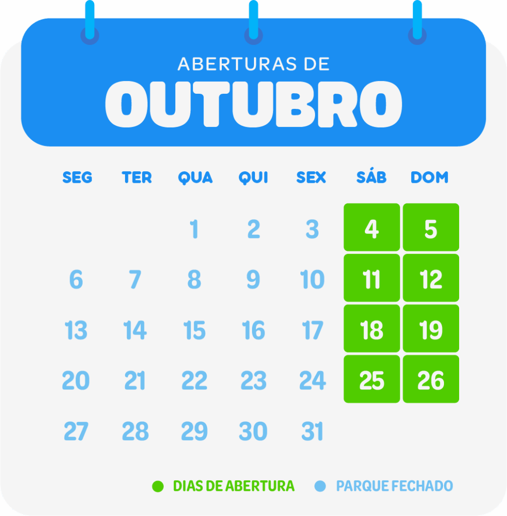 Calendário com as datas de abertura do mês das crianças no Arajara Park em outubro.