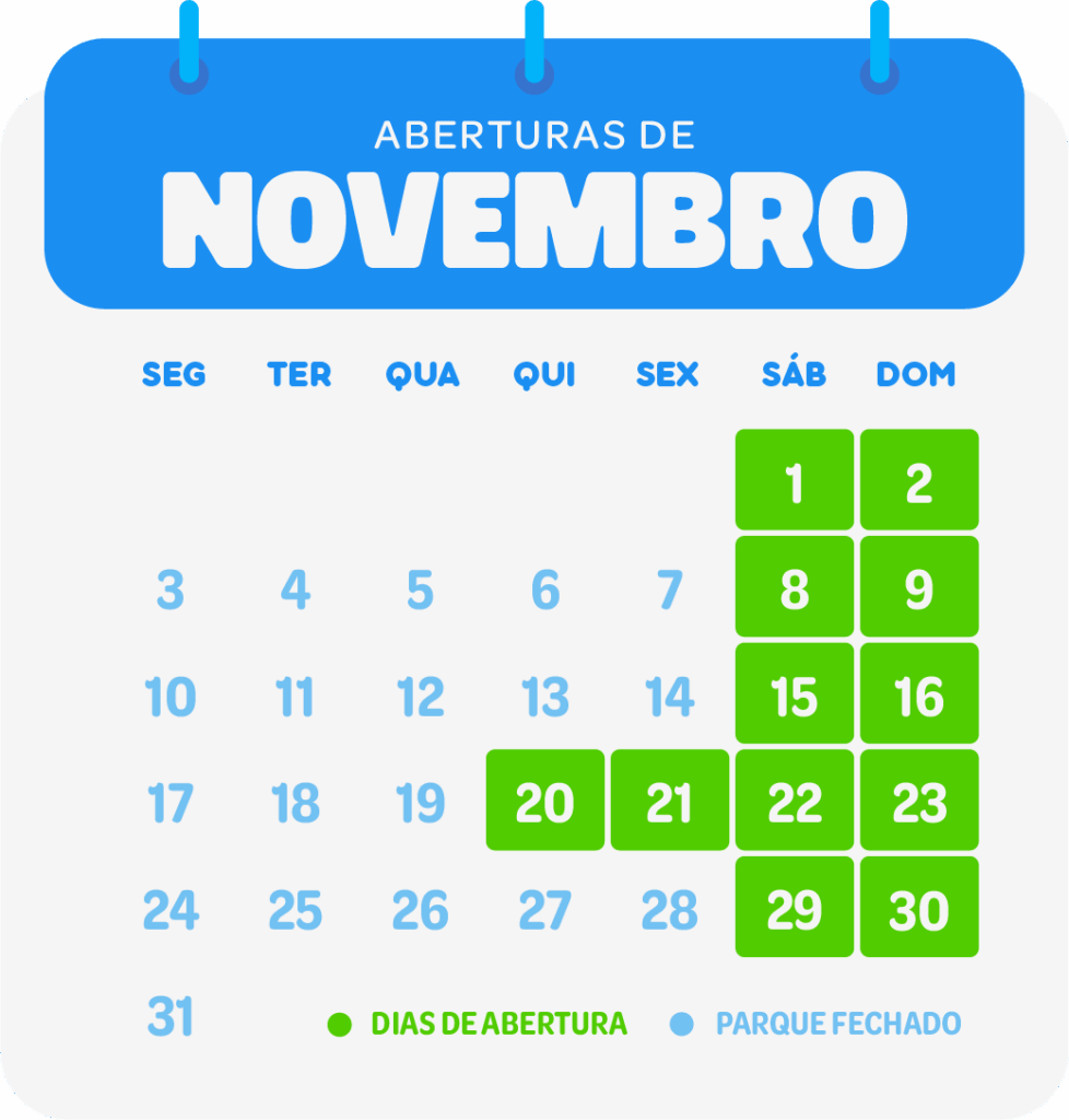 Calendário mostrando os dias de abertura do Arajara Park em Novembro