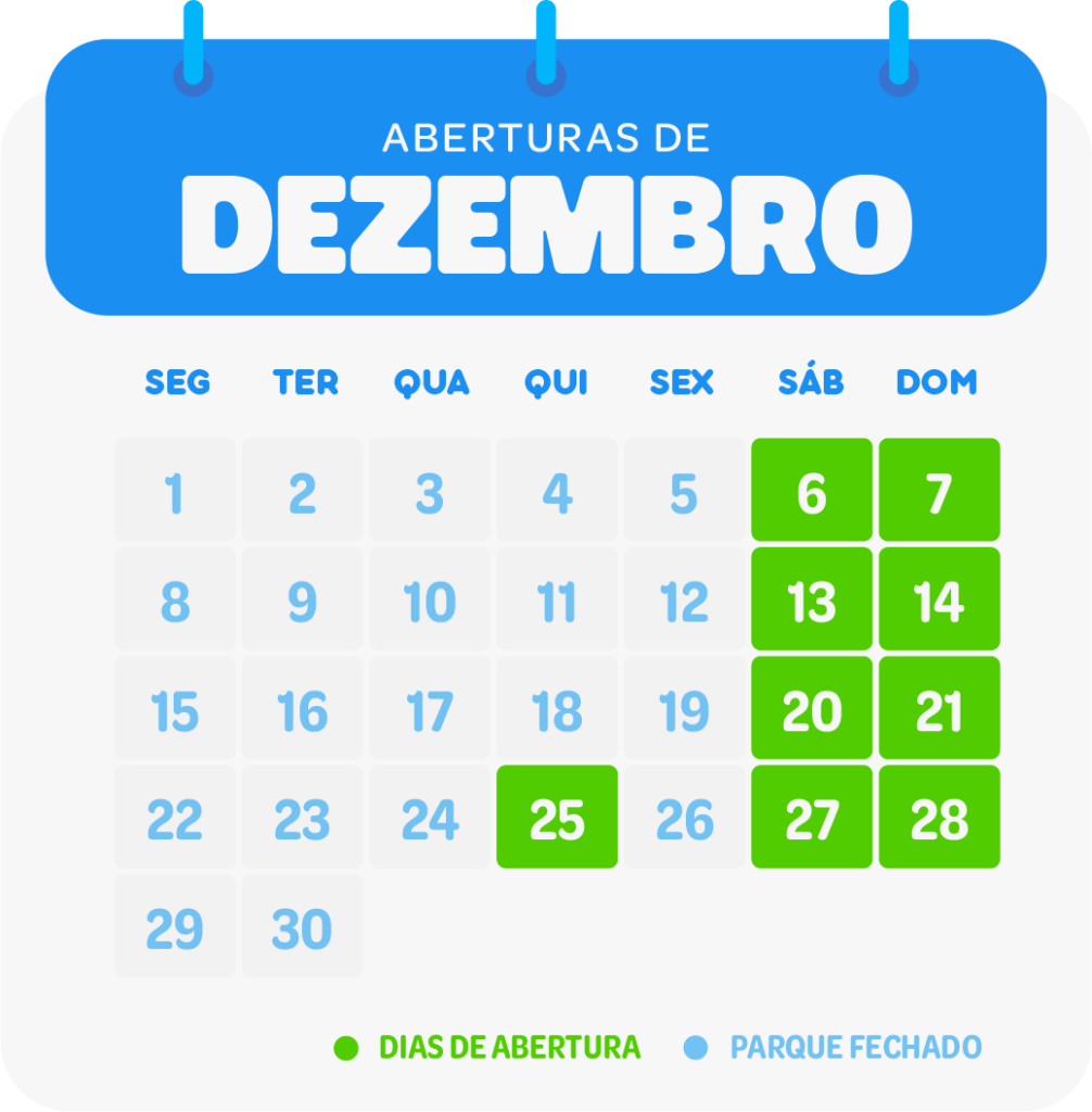 Calendário com as datas de abertura de dezembro/25 do Arajara Park