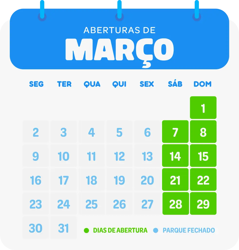 Calendário mostrando as data de abertura do Arajara Park no mês de março de 2026.