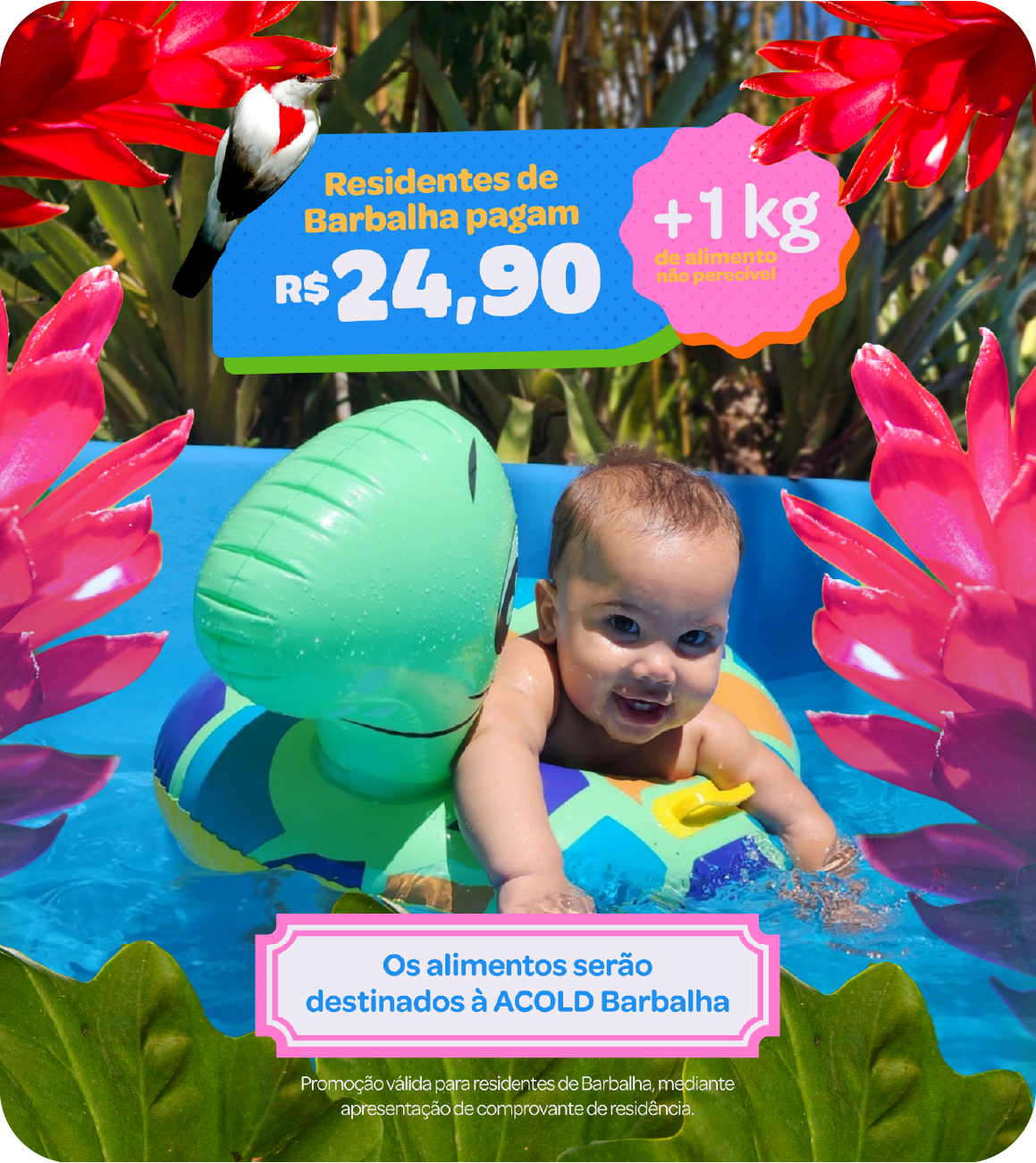 Imagem de uma criança em uma boia dentro de uma piscina.